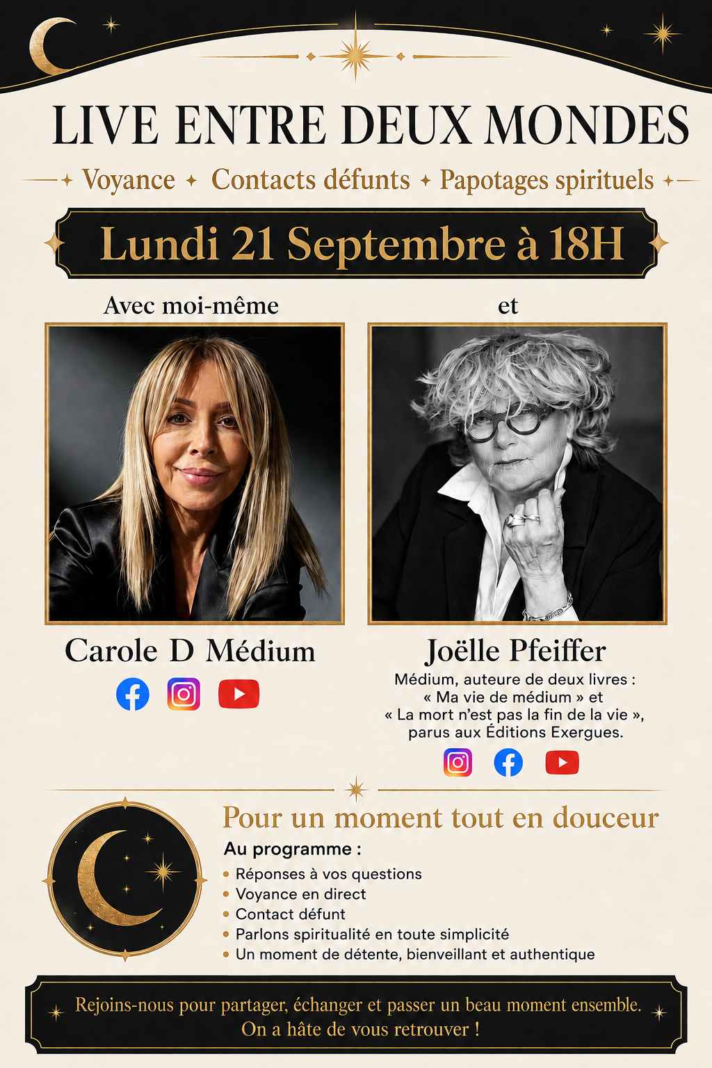Affiche du live Entre deux mondes avec Carole D Médium et Joëlle Pfeiffer, lundi 21 septembre 2026 à 18 heures
